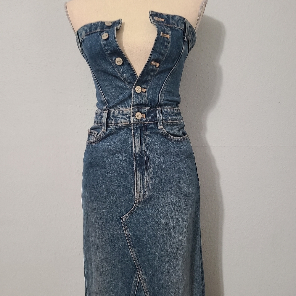 Zara Denim Button-Up Strapless Corset Maxi Dress NWT Size XS - Picture 3 of 16